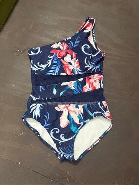Carmen Marc Valvo Navy Floral One-Shoulder Girls' Swim One-Piece